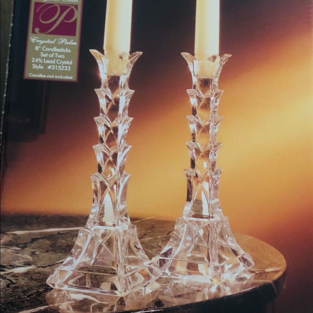 Crystal Clear Palm 8” Candlesticks Set Of 2